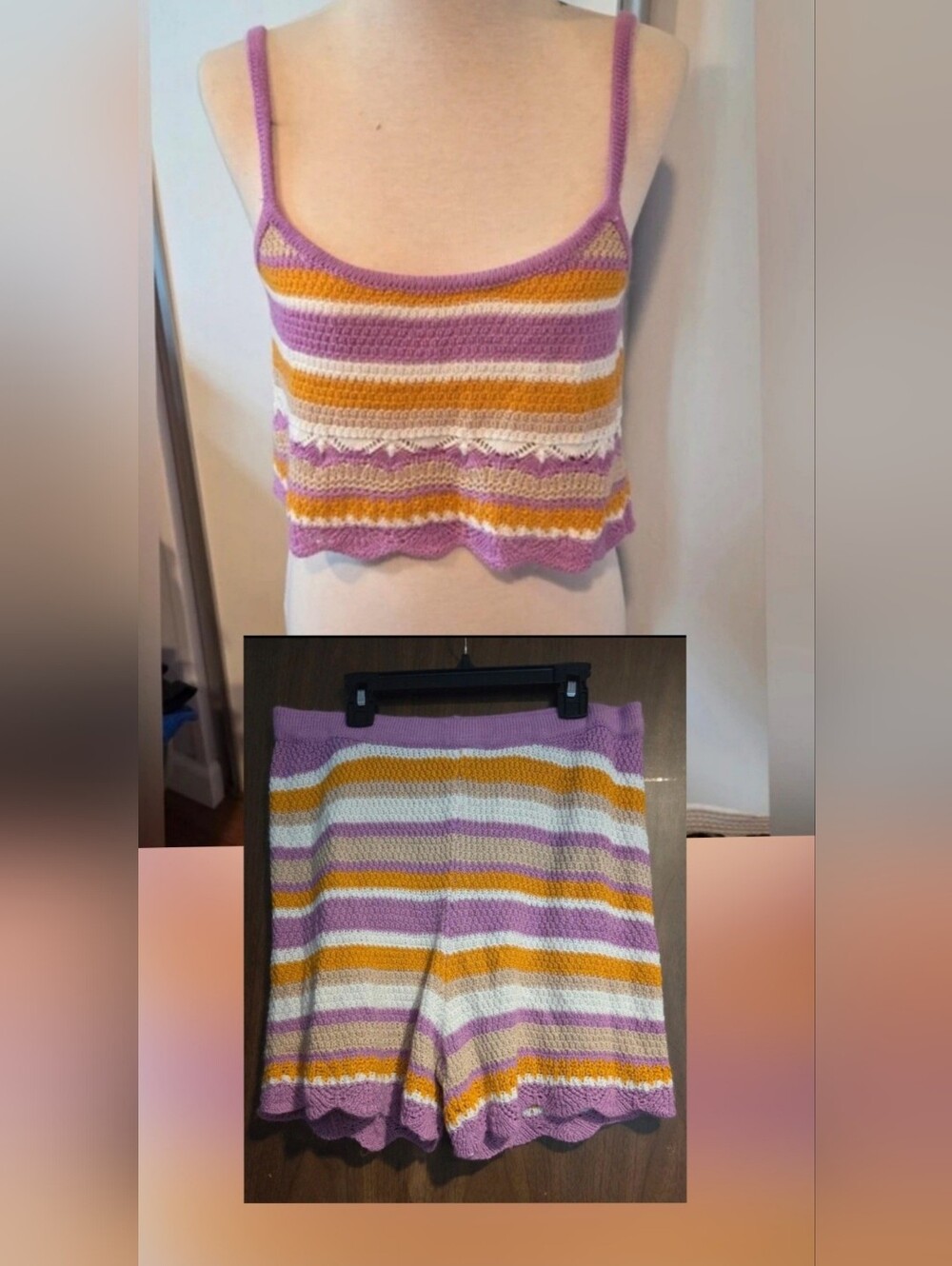 No Comment Crochet Striped Tank Top And Shorts Sz XL - Lavender, Mustard & White